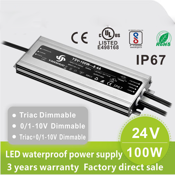 AC110V/220V DC24V 100W 4.1A UL-Listed LED Waterproof IP67 Triac and 0/1-10V Dimmable LED Dimming Power Supply